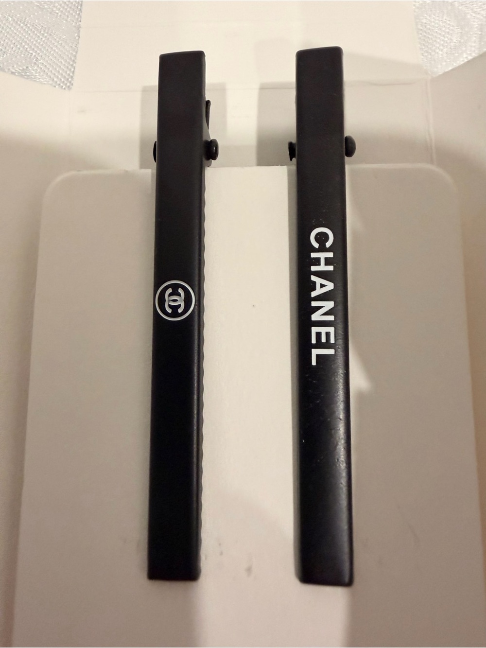 CHANEL Black Hair Clips with White Logo - Pair New
